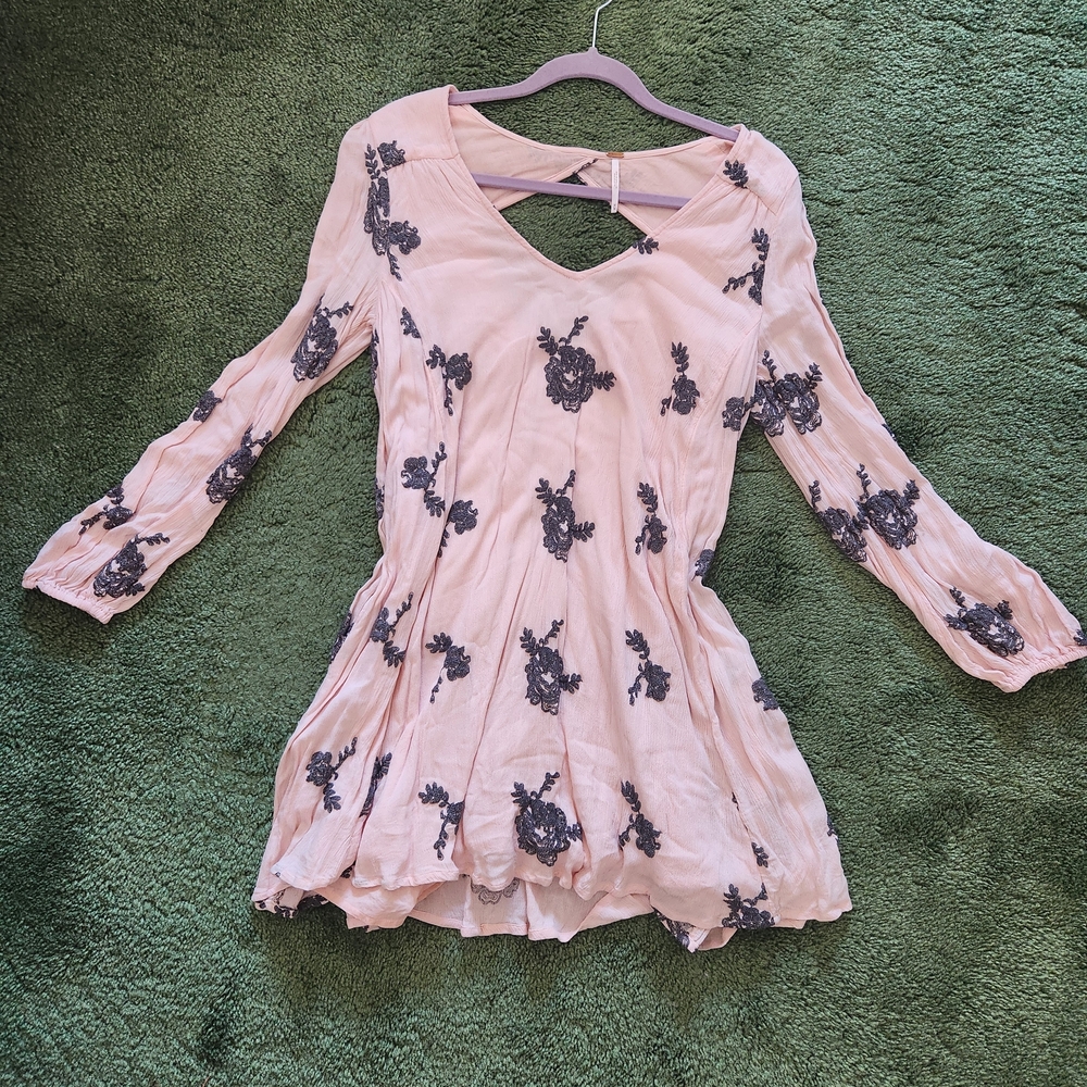 Free People Pink and Black Floral Blouse